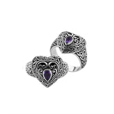 Sterling Silver Amethyst Quartz Heart Shape Balinese Vintage Statement Ring